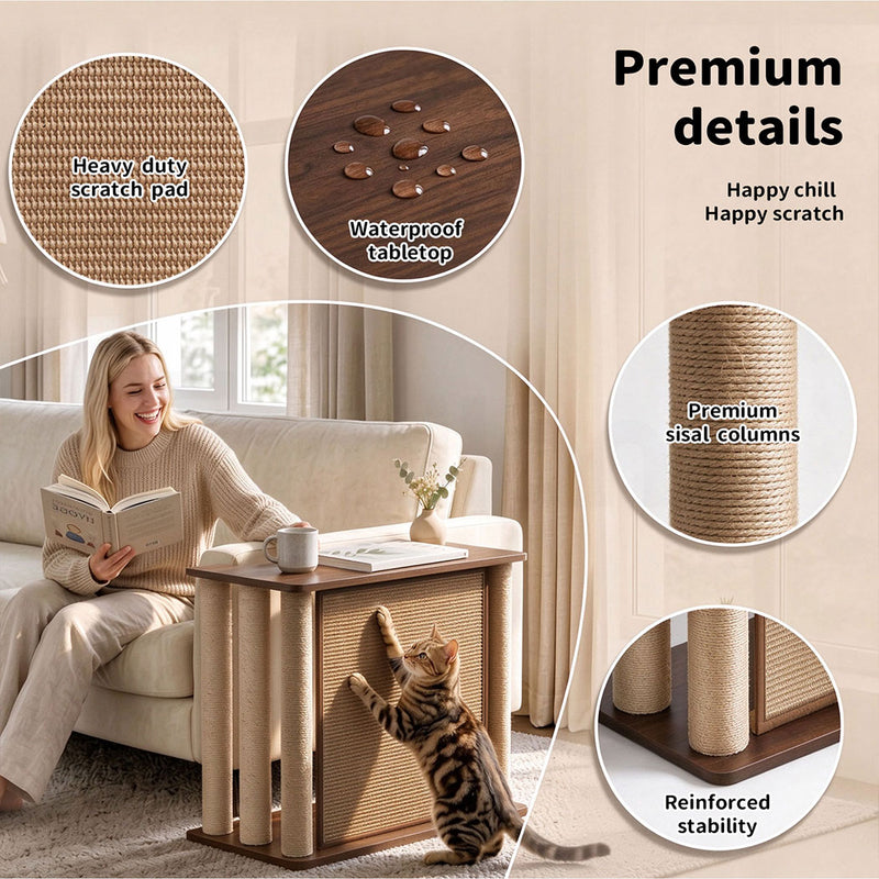 Familand Sofa Side Table with Cat Scratching Post in Left Side