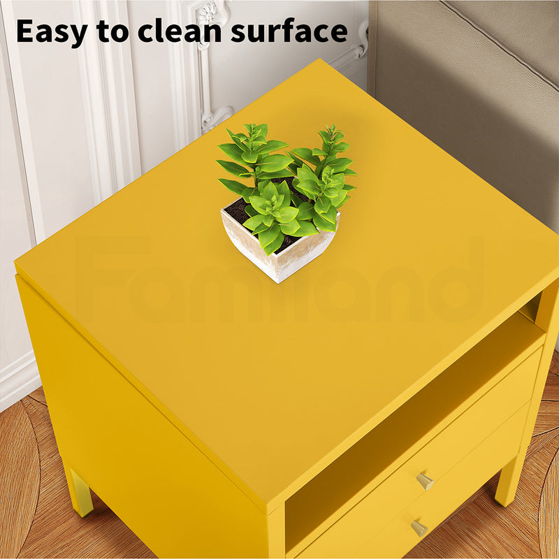 Familand Steel End Side Table Night Stand Bedside Tables with 2x Storage Drawers in Yellow