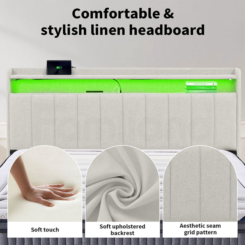 Familand LED Queen Size Bed Frame With Storage Headboard in Cream