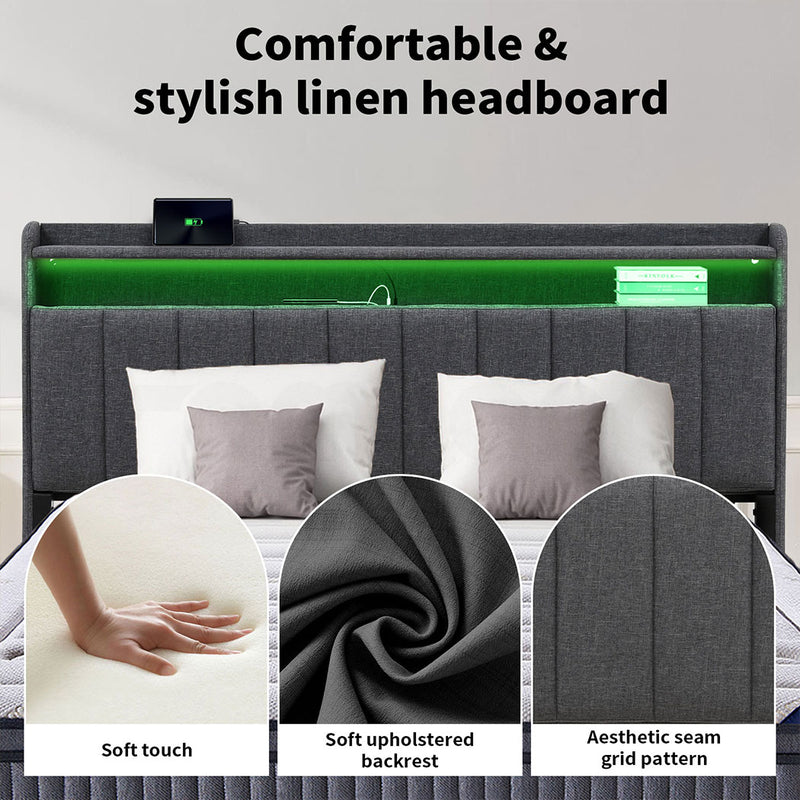 Familand LED Queen Size Bed Frame With Storage Headboard in Grey