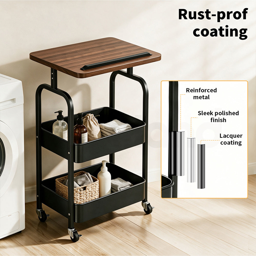 Familand 2-tier Storage Trolley with Reversible Tabletop Kitchen Rolling Cart Steel Frame Black