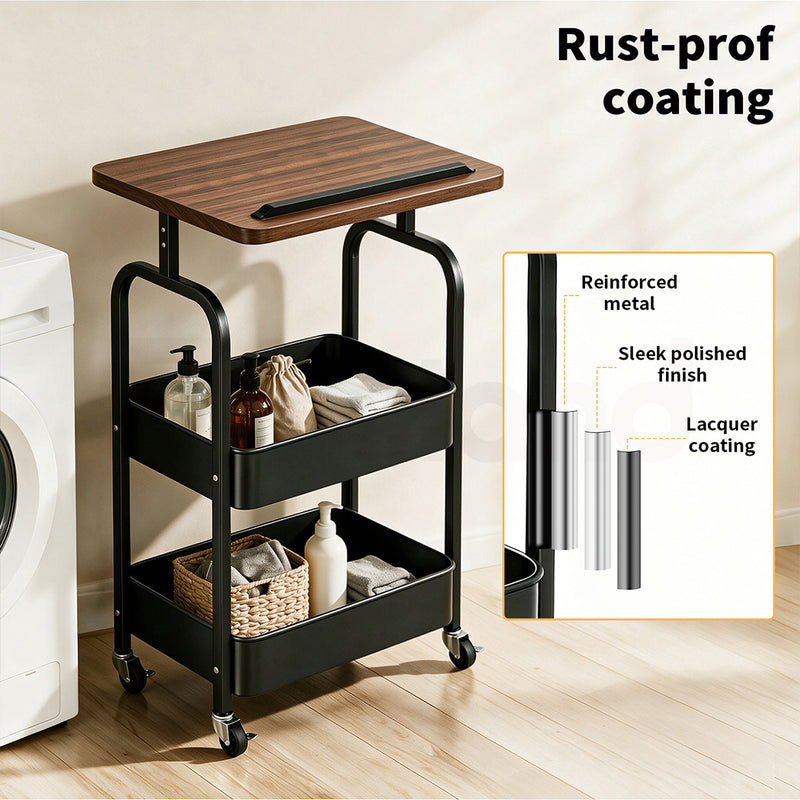 Familand 2-tier Storage Trolley with Reversible Tabletop Kitchen Rolling Cart Steel Frame Black