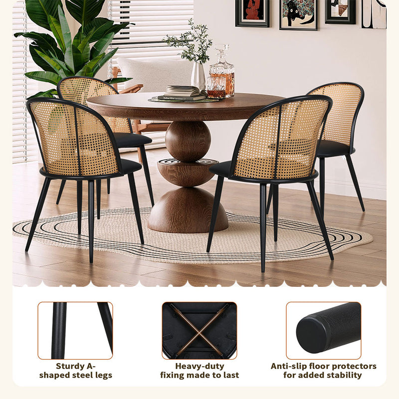 Familand Faux Leather Dining Chairs Set Of 4 with Rattan Back in Black