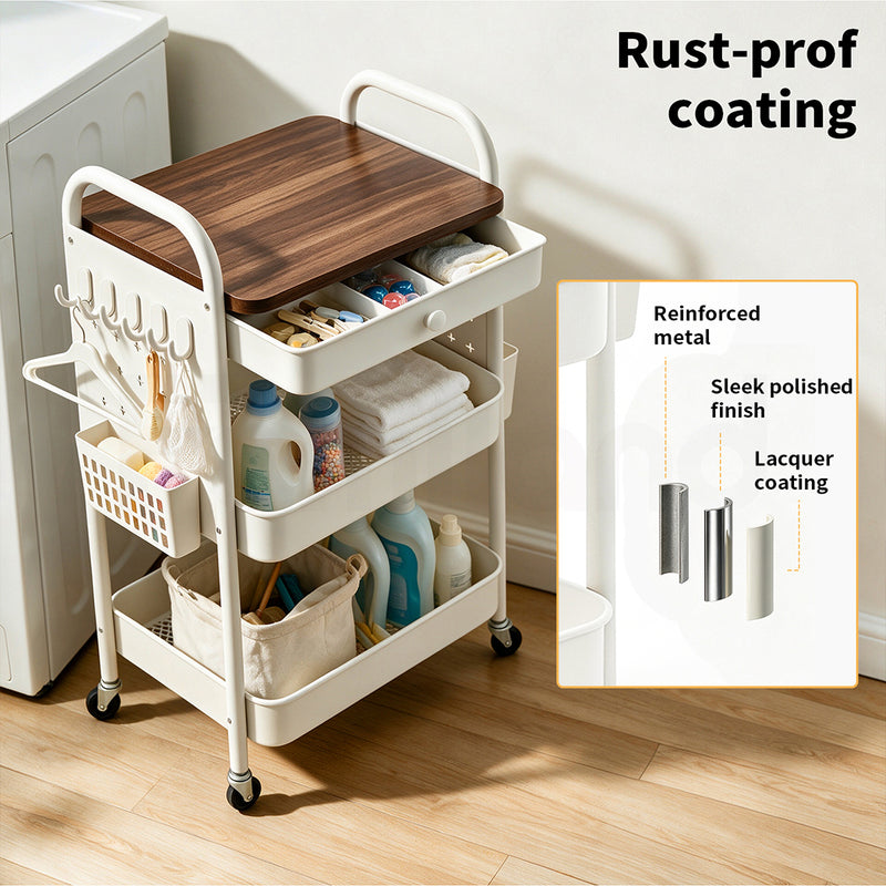 Familand 2-tier Storage Trolley Kitchen Rolling Cart Steel Frame White