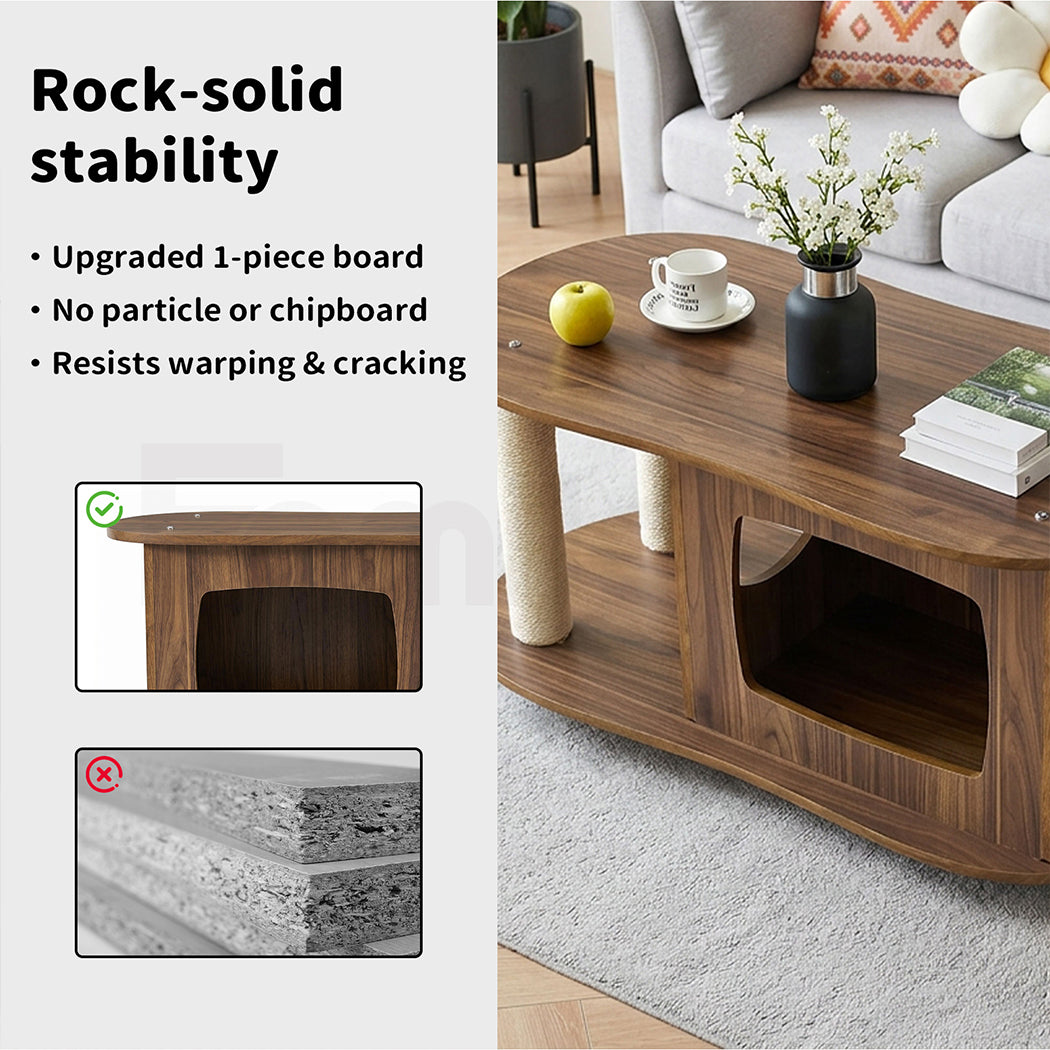 Familand Wood Coffee Table Side Tables For Living Room With Cat House & Cat Scratching Post