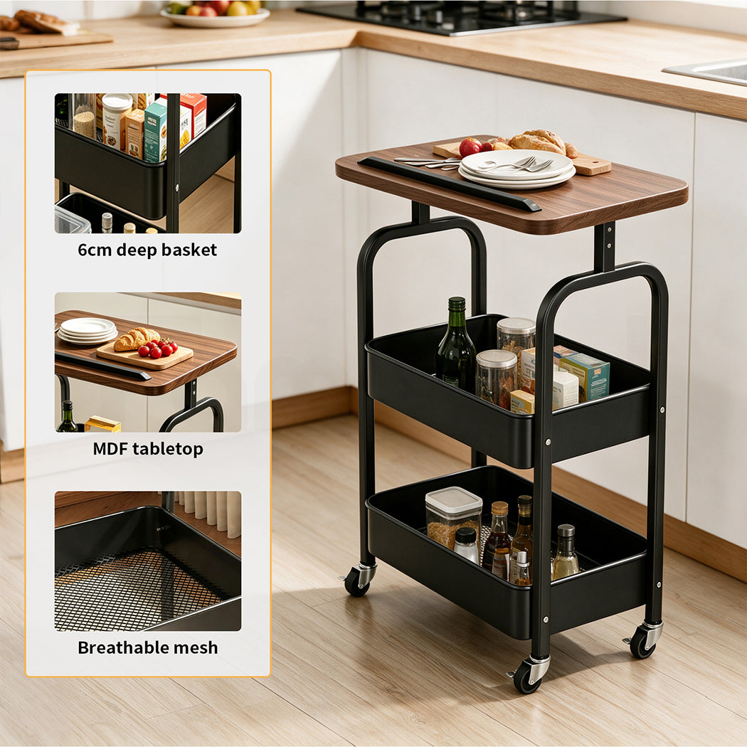 Familand 2-tier Storage Trolley with Reversible Tabletop Kitchen Rolling Cart Steel Frame Black