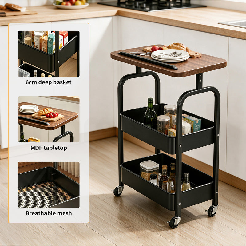Familand 2-tier Storage Trolley with Reversible Tabletop Kitchen Rolling Cart Steel Frame Black