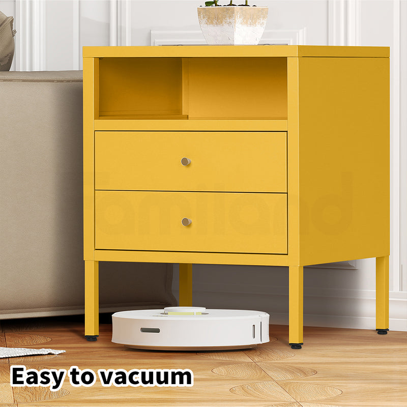 Familand Steel End Side Table Night Stand Bedside Tables with 2x Storage Drawers in Yellow