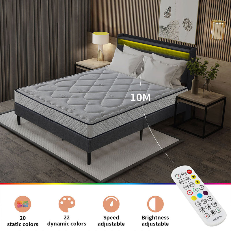 Familand LED Queen Size Bed Frame With Storage Headboard in Grey