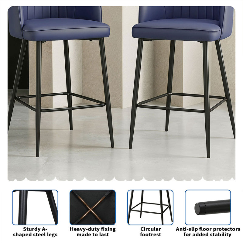 Familand Faux Leather Bar Stools Set of 2 in Navy with Backrest & Footrest