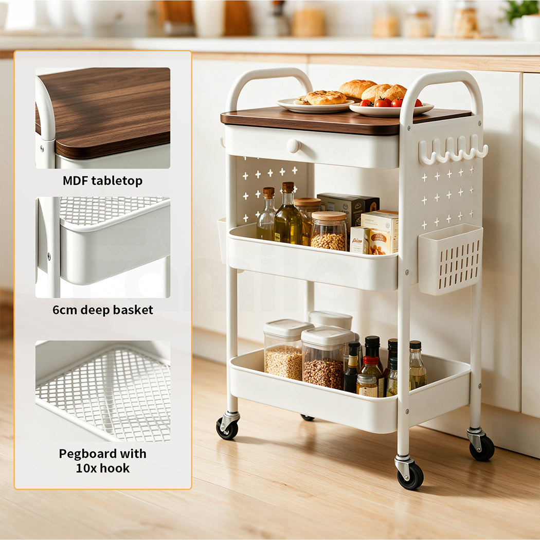 Familand 2-tier Storage Trolley Kitchen Rolling Cart Steel Frame White