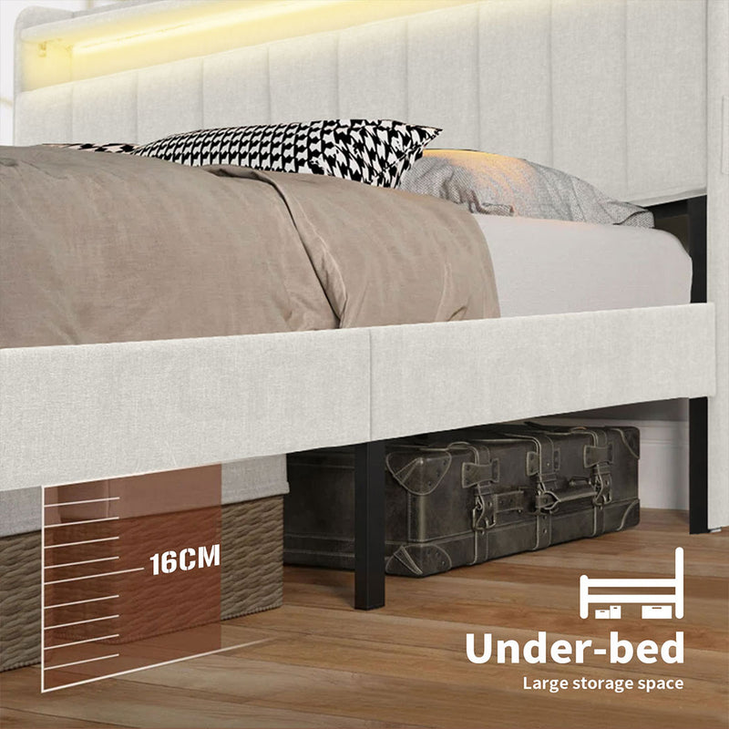 Familand LED Queen Size Bed Frame With Storage Headboard in Cream