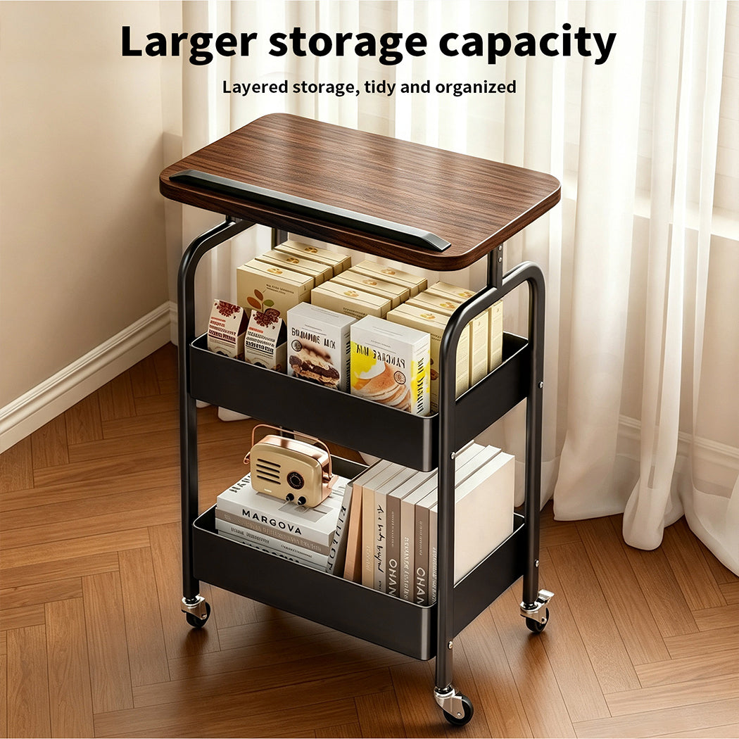 Familand 2-tier Storage Trolley with Reversible Tabletop Kitchen Rolling Cart Steel Frame Black