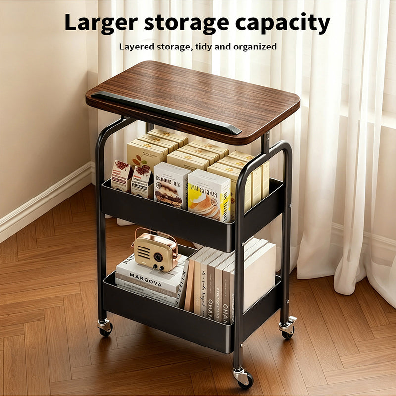 Familand 2-tier Storage Trolley with Reversible Tabletop Kitchen Rolling Cart Steel Frame Black