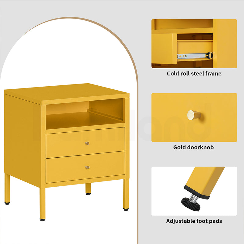 Familand Steel End Side Table Night Stand Bedside Tables with 2x Storage Drawers in Yellow