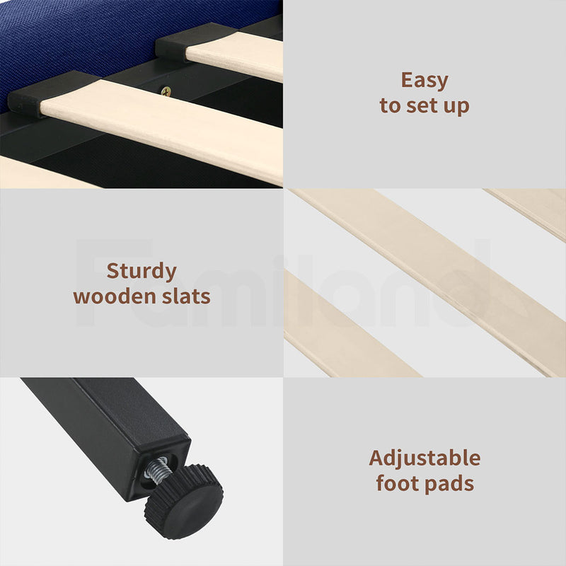 Familand Queen Size Platform Bed Frame Upholstered Headboard in Blue