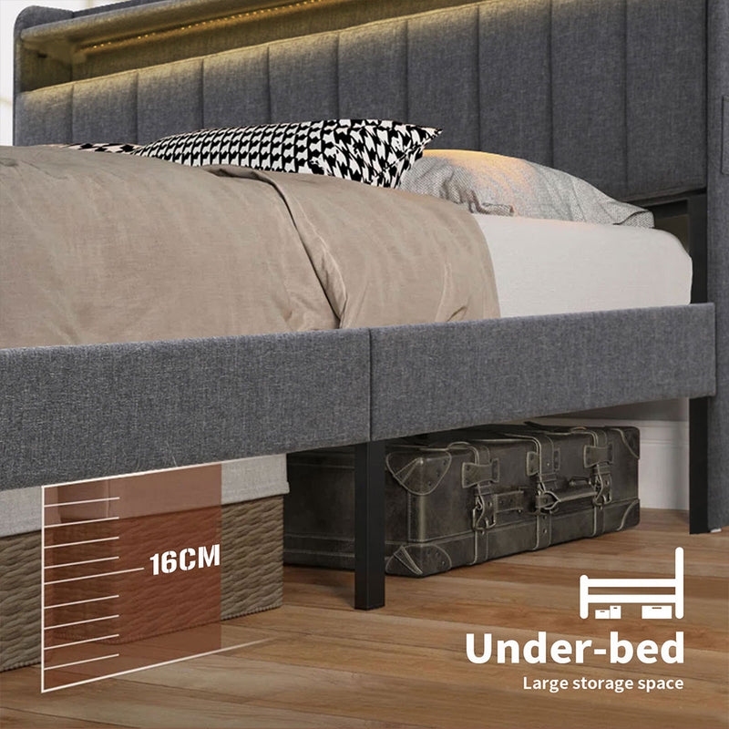 Familand LED Queen Size Bed Frame With Storage Headboard in Grey
