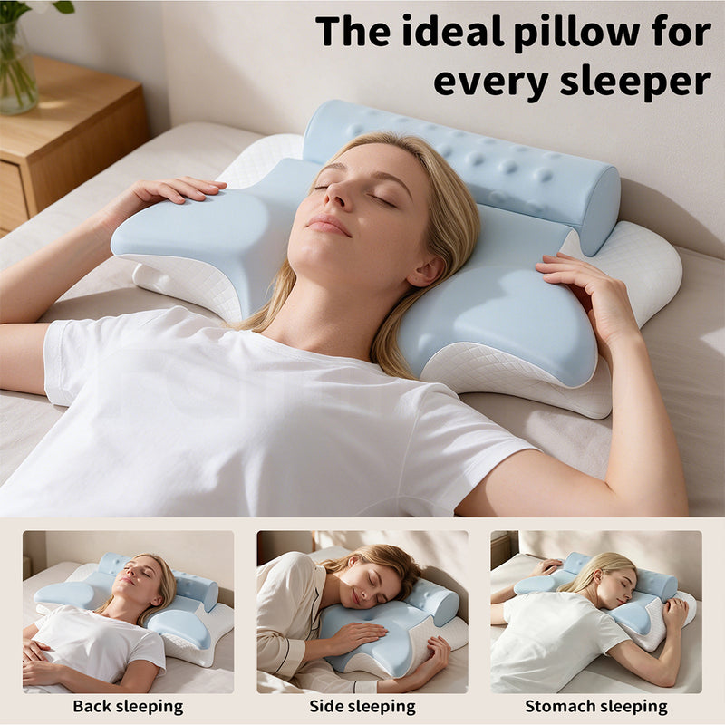 Familand Memory Foam Cervical Neck Pillow in Blue & White