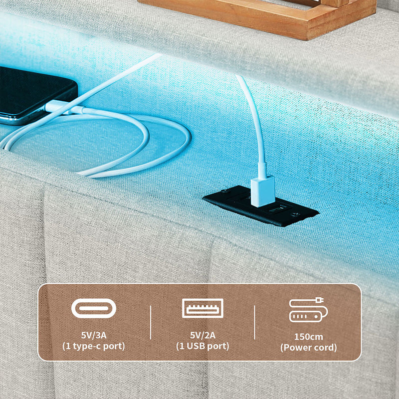 Familand LED Queen Size Bed Frame With Storage Headboard in Cream