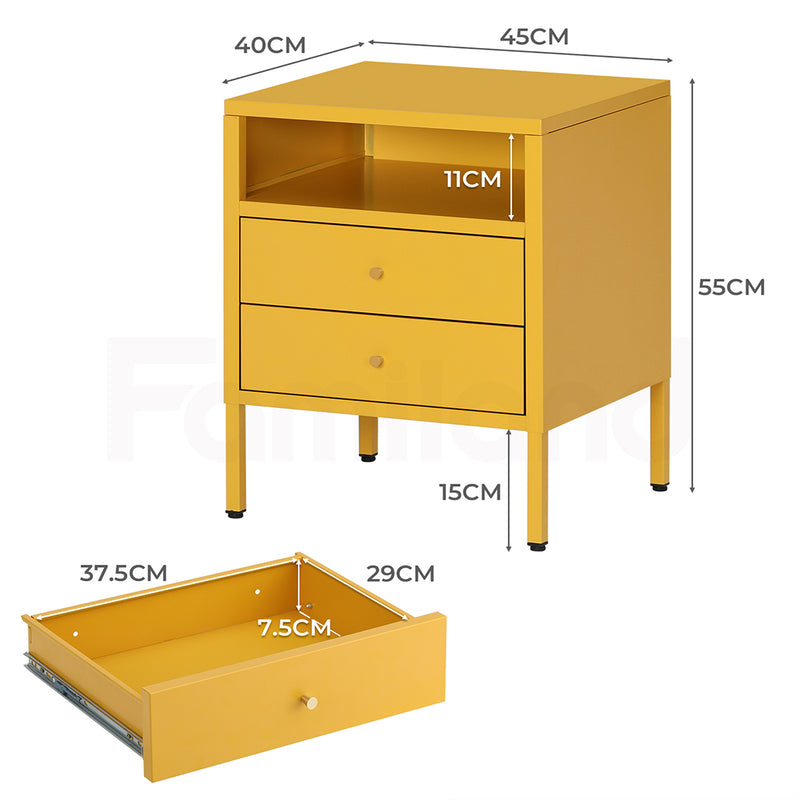 Familand Steel End Side Table Night Stand Bedside Tables with 2x Storage Drawers in Yellow
