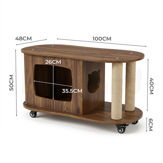 Familand Wood Coffee Table Side Tables For Living Room With Cat House & Cat Scratching Post