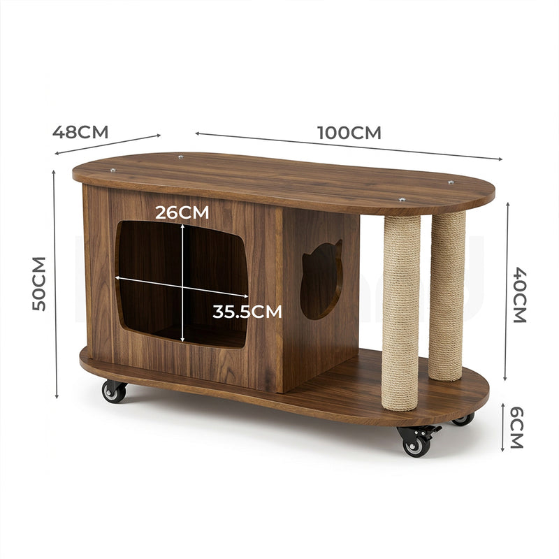 Familand Wood Coffee Table Side Tables For Living Room With Cat House & Cat Scratching Post