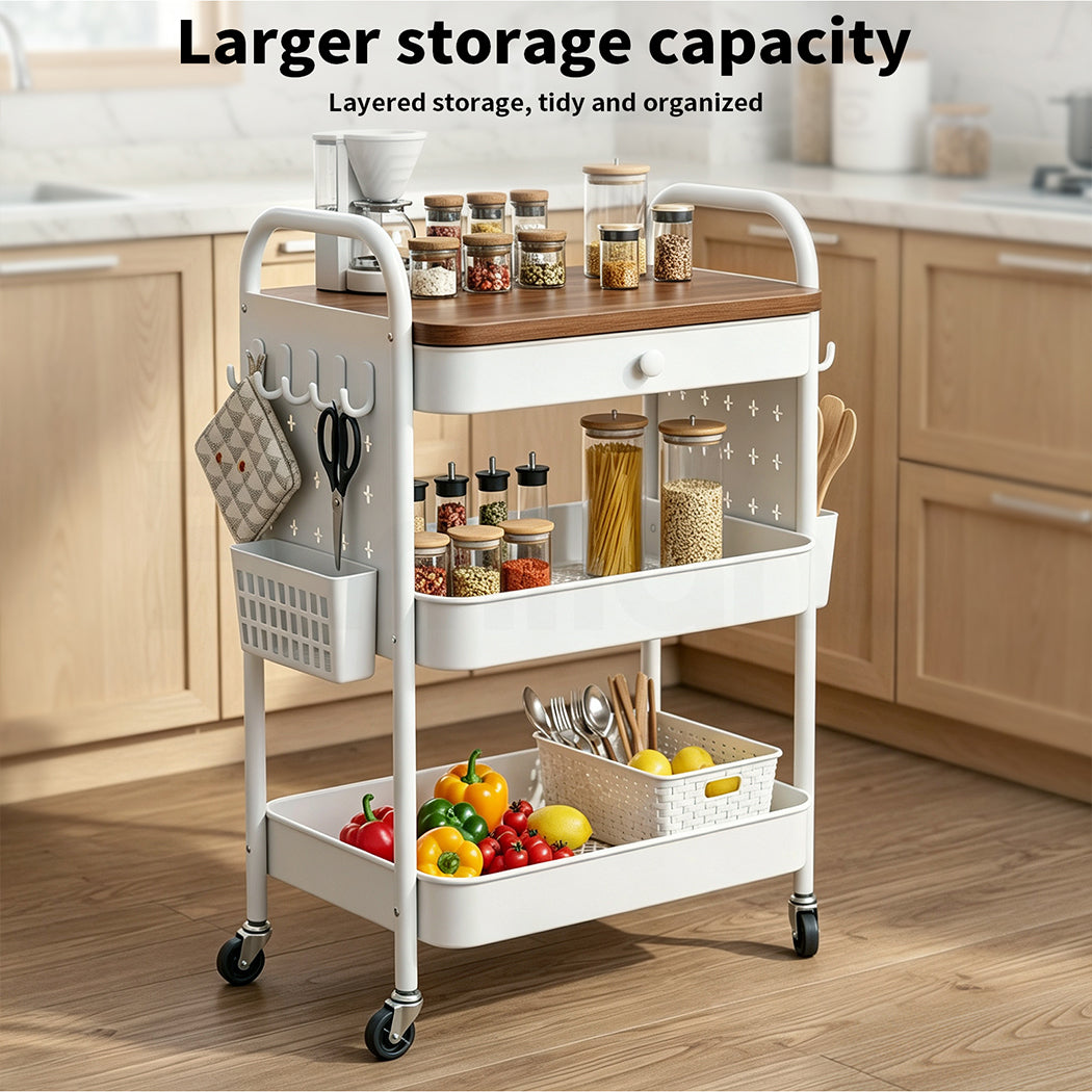 Familand 2-tier Storage Trolley Kitchen Rolling Cart Steel Frame White
