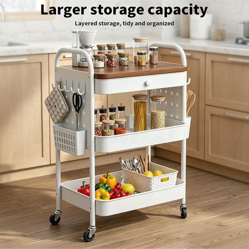 Familand 2-tier Storage Trolley Kitchen Rolling Cart Steel Frame White