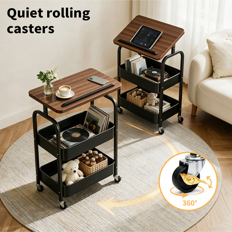 Familand 2-tier Storage Trolley with Reversible Tabletop Kitchen Rolling Cart Steel Frame Black
