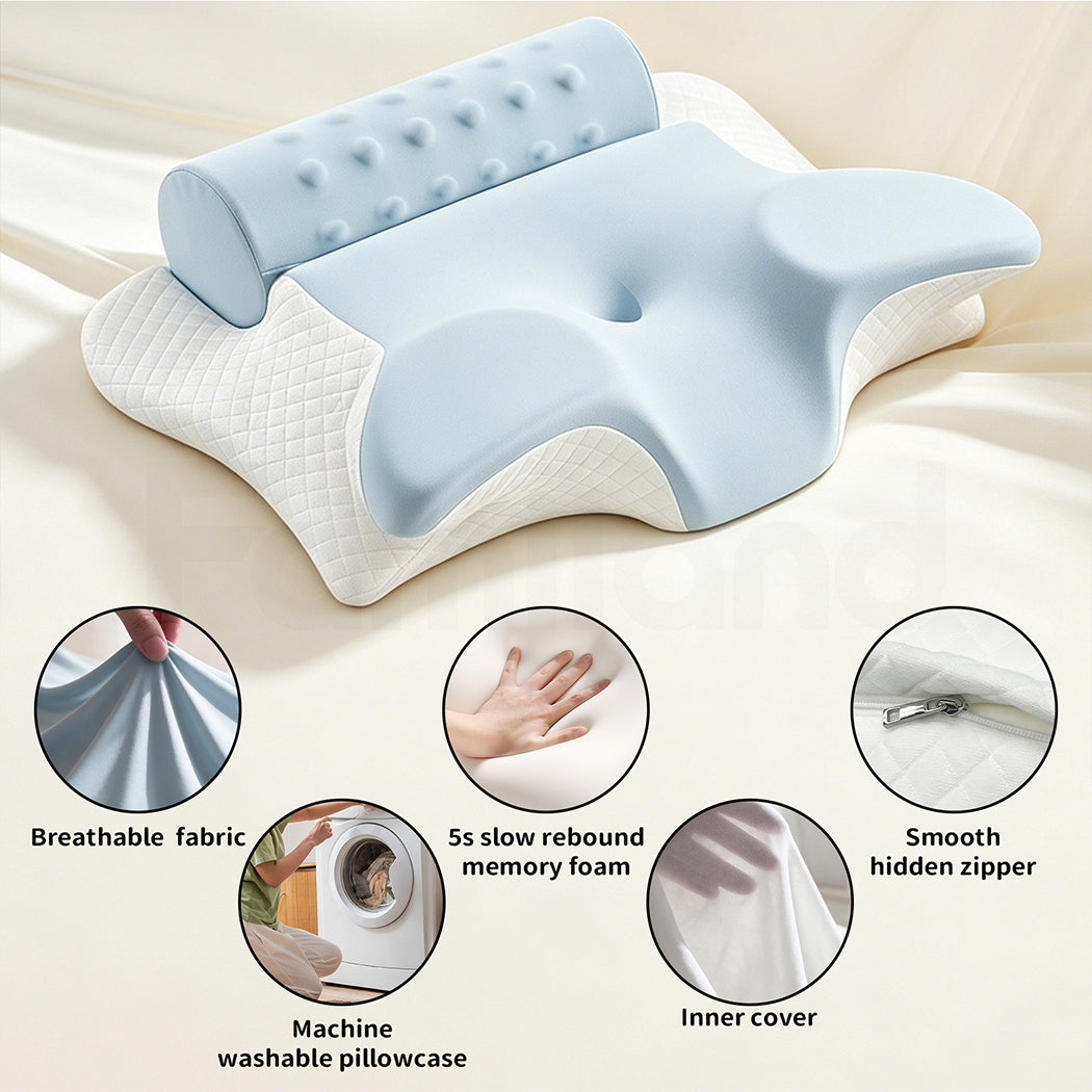 Familand Memory Foam Cervical Neck Pillow in Blue & White