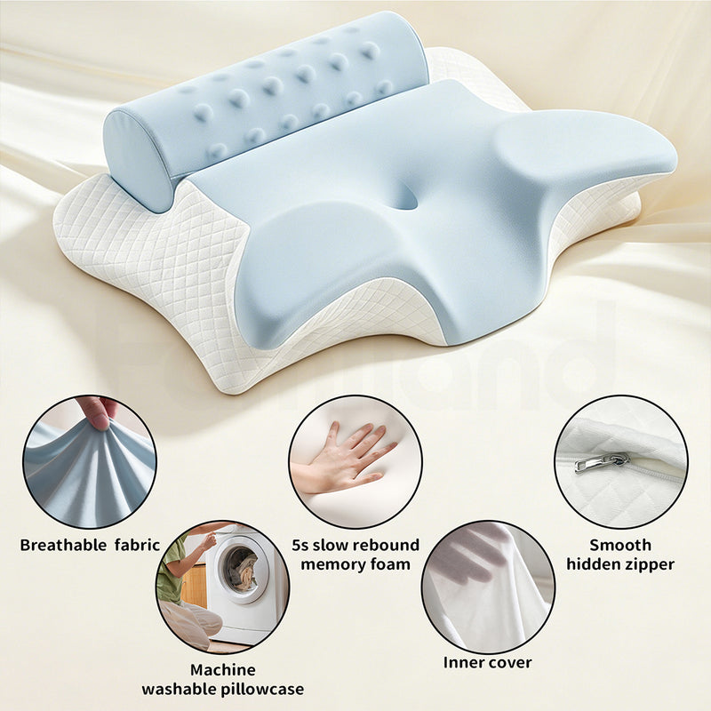 Familand Memory Foam Cervical Neck Pillow in Blue & White
