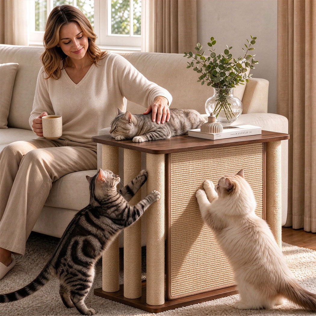 Familand Sofa Side Table with Cat Scratching Post in Left Side