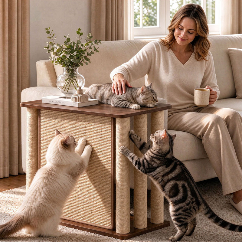 Familand Sofa Side Table with Cat Scratching Post in Right Side