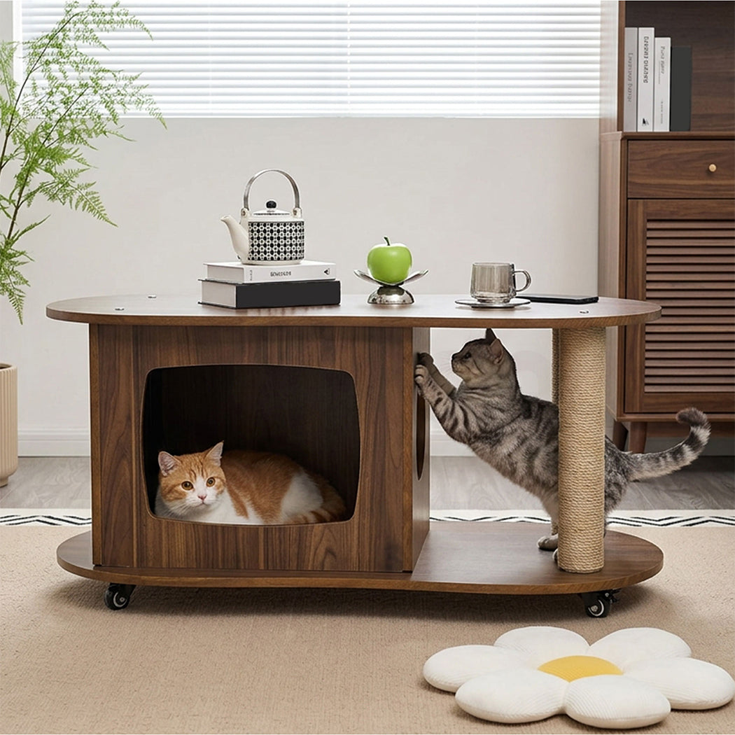 Familand Wood Coffee Table Side Tables For Living Room With Cat House & Cat Scratching Post