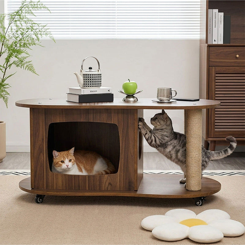 Familand Wood Coffee Table Side Tables For Living Room With Cat House & Cat Scratching Post