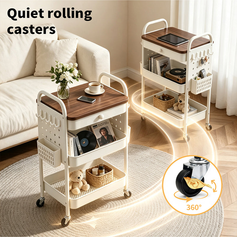 Familand 2-tier Storage Trolley Kitchen Rolling Cart Steel Frame White