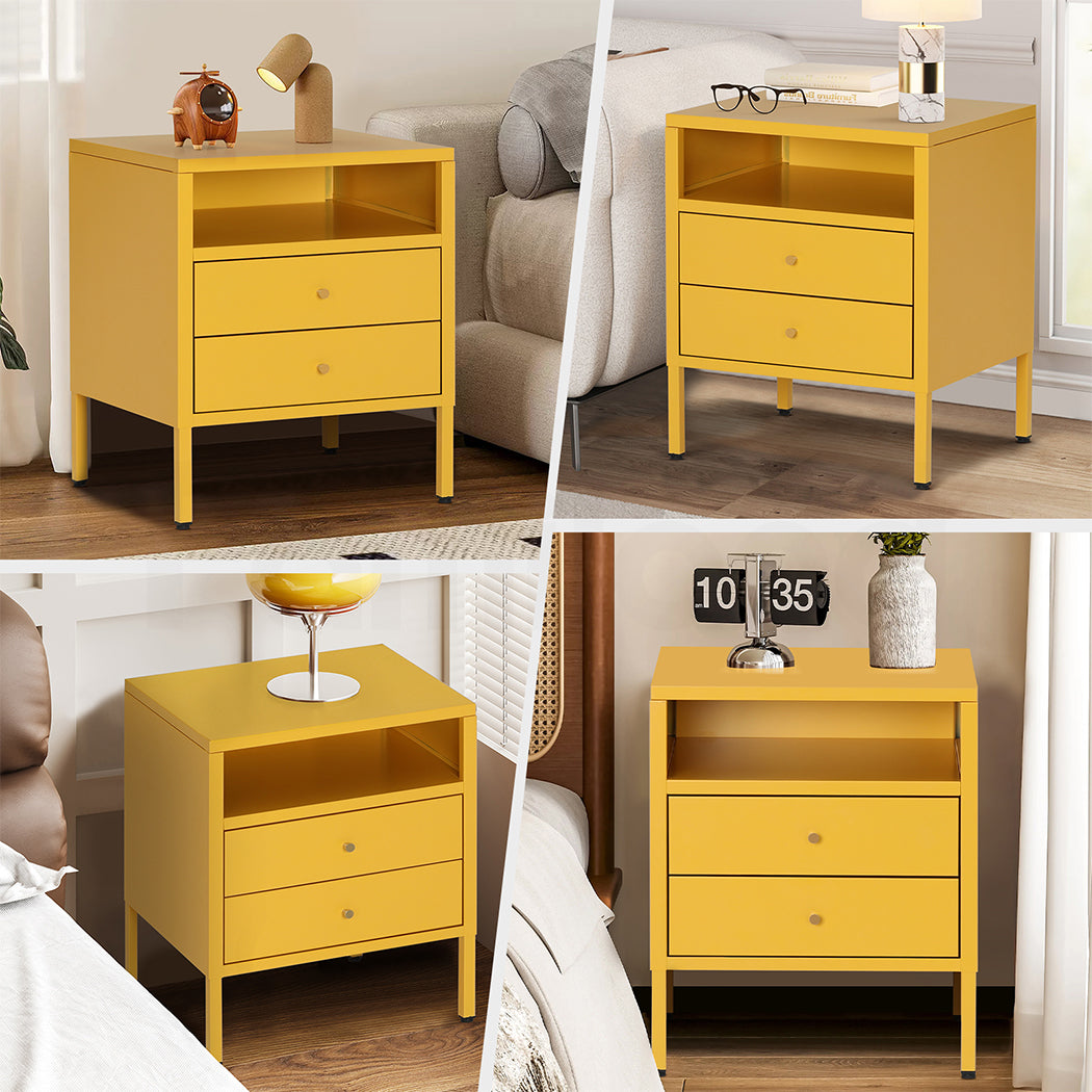 Familand Steel End Side Table Night Stand Bedside Tables with 2x Storage Drawers in Yellow