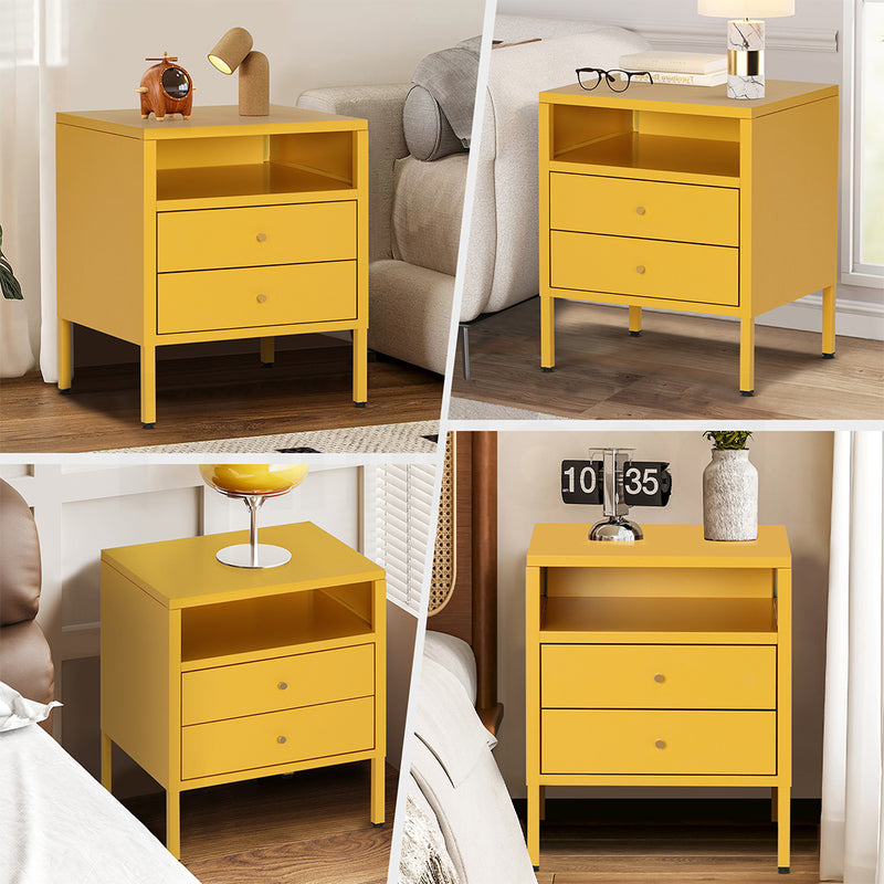 Familand Steel End Side Table Night Stand Bedside Tables with 2x Storage Drawers in Yellow