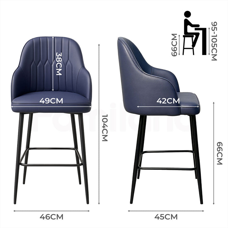 Familand Faux Leather Bar Stools Set of 2 in Navy with Backrest & Footrest