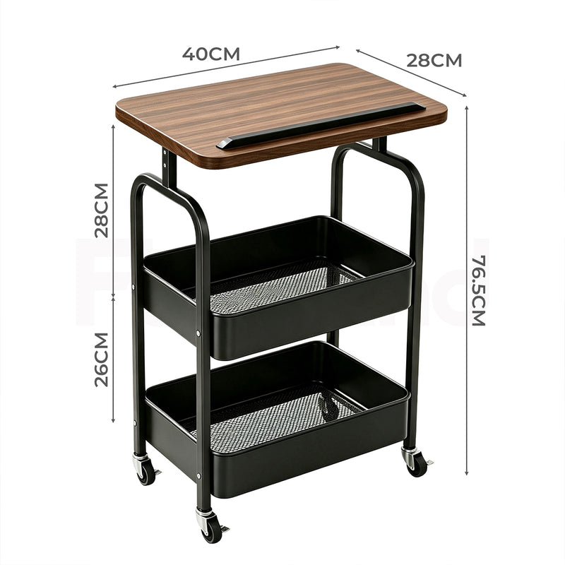 Familand 2-tier Storage Trolley with Reversible Tabletop Kitchen Rolling Cart Steel Frame Black