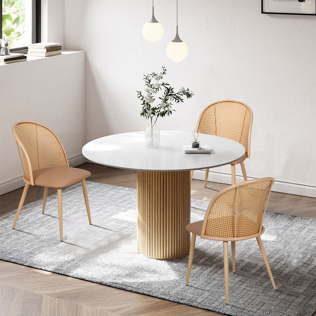 Familand Faux Leather Dining Chairs Set Of 4 with Rattan Back in Cream