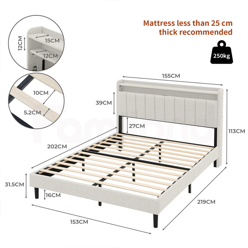 Familand LED Queen Size Bed Frame With Storage Headboard in Cream