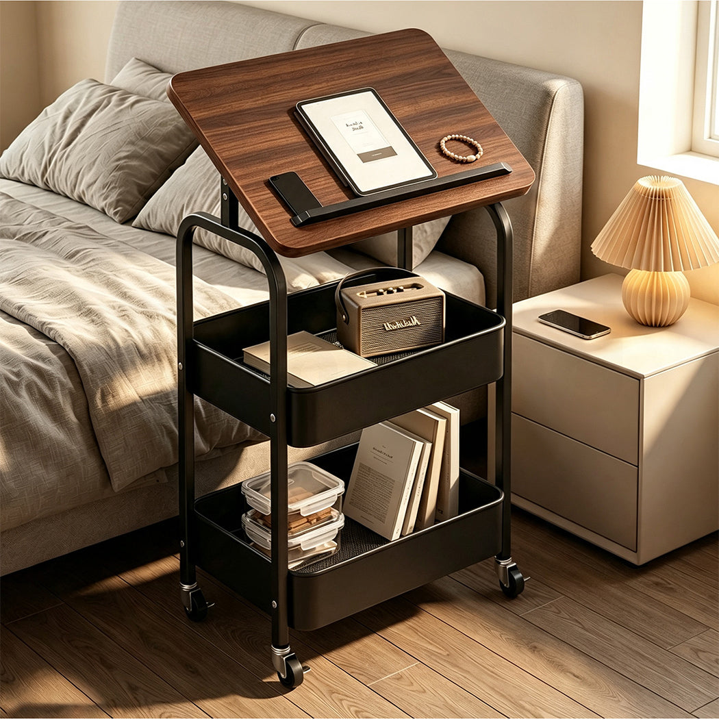 Familand 2-tier Storage Trolley with Reversible Tabletop Kitchen Rolling Cart Steel Frame Black