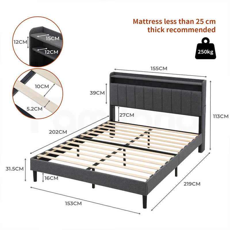 Familand LED Queen Size Bed Frame With Storage Headboard in Grey
