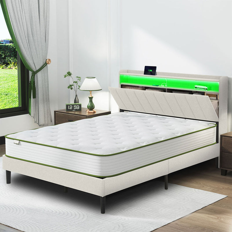 Familand LED Queen Size Bed Frame With Storage Headboard in Cream