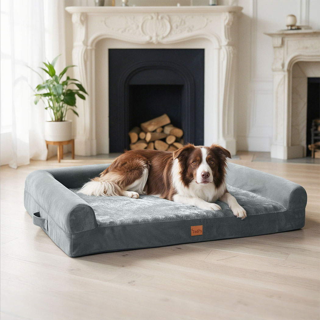 Tedi's 105cm Orthopedic Dog Bed Memory Foam Beds Removable Washable Cover Grey