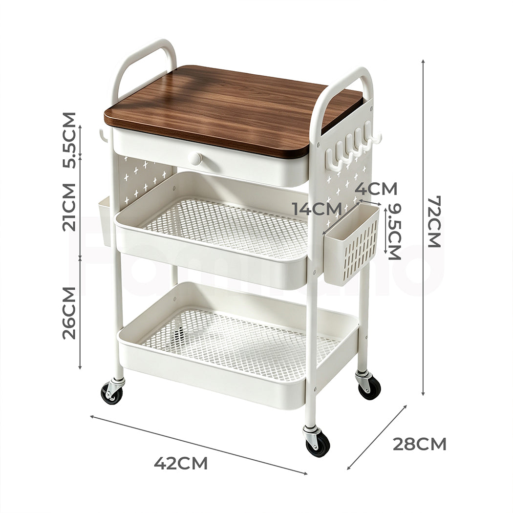 Familand 2-tier Storage Trolley Kitchen Rolling Cart Steel Frame White