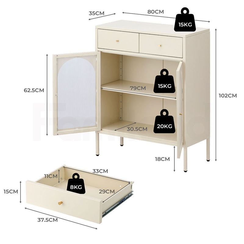 Familand Steel Buffet Sideboard with 2x Storage Drawers in Cream